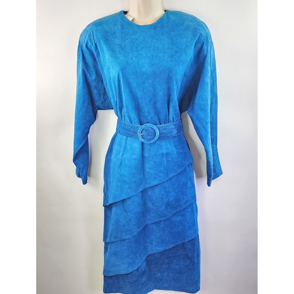 Vintage Pia Rucci Dress Womens 8 Turquoise Suede Leather Deadstock w/tags